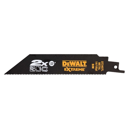 DEWALT DT2441L Extreme metal saw blade with branding and icons, black color, close-up view.
