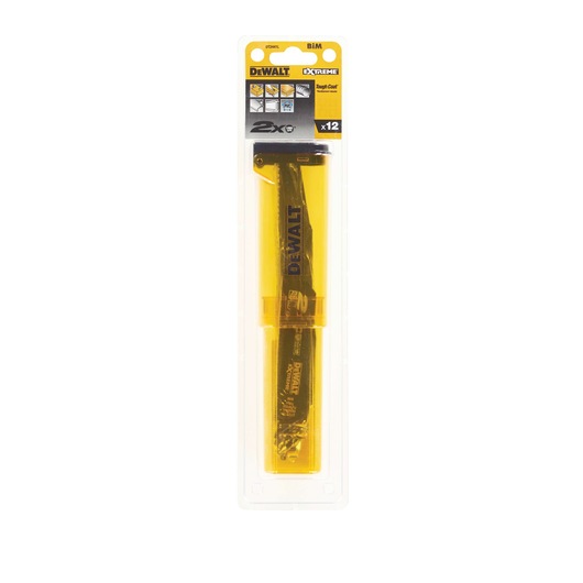 DEWALT DT2441L pack of reciprocating saw blades in yellow plastic case, suitable for cutting wood and metal.