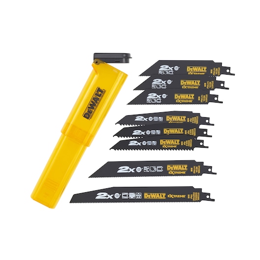 DEWALT DT2443L reciprocating saw blades set with yellow case, includes eight black blades.