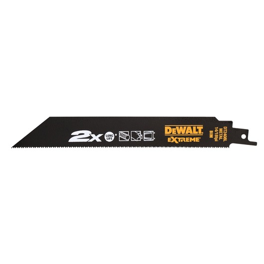 DEWALT DT2443L reciprocating saw blade for metal cutting, black, labeled Extreme, long life, sharp teeth.