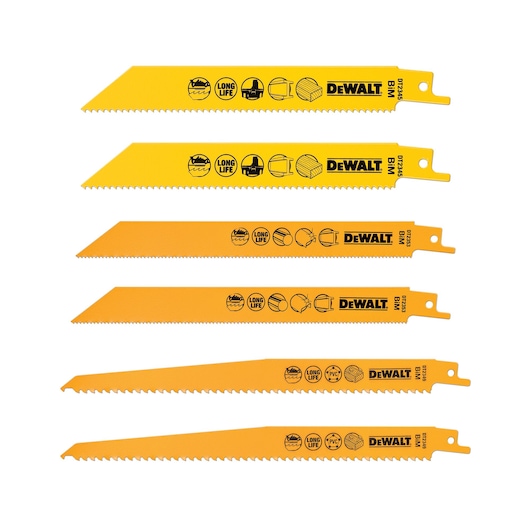 Set of six yellow DEWALT reciprocating saw blades with icons, used for cutting wood and metal.