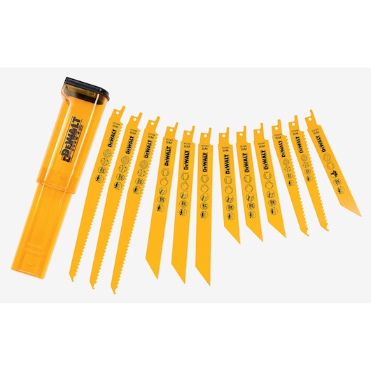 A set of ten yellow DEWALT reciprocating saw blades with a matching yellow storage case, arranged in a row. Each blade features printed DEWALT branding and icons indicating suitable materials and applications.