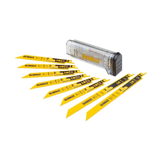 DEWALT DT2446 reciprocating saw blade set with yellow blades and a transparent storage case.