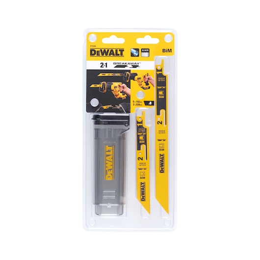 DEWALT DT2446 Breakaway saw blade set for metal, in yellow retail packaging with 2 blades and storage case.