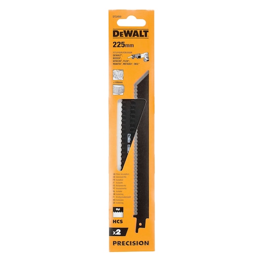 DEWALT DT2450 225mm saw blade pack for insulation, includes two blades in orange packaging.