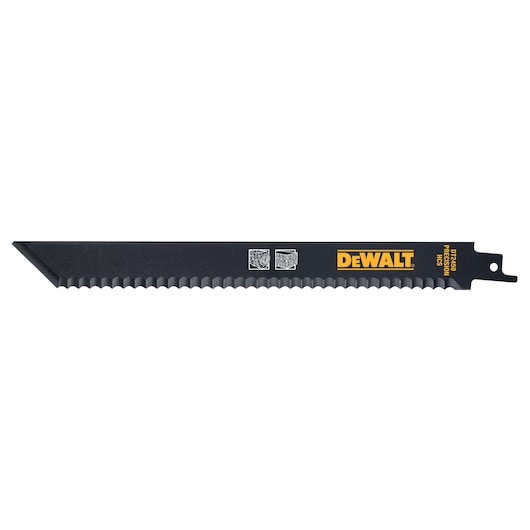 DEWALT DT2450 black reciprocating saw blade with serrated edge for cutting tasks, shown on white background.