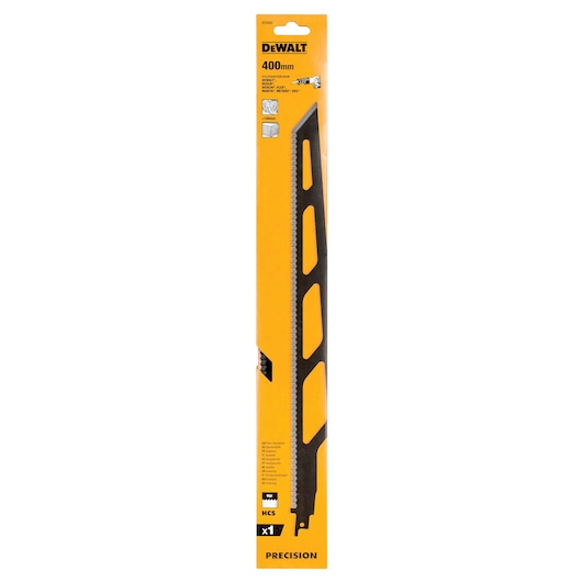 DEWALT DT2452 400mm saw blade for reciprocating saws in yellow packaging, suitable for wood and metal.