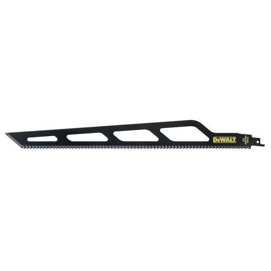DEWALT DT2452 black reciprocating saw blade with serrated edge and branded label, designed for cutting applications.