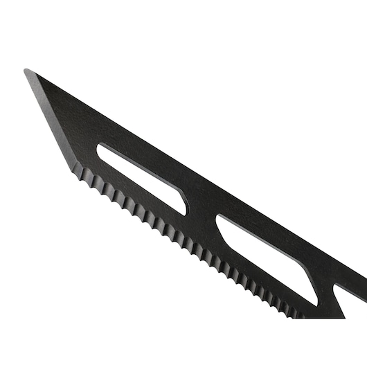 Close-up of a black DEWALT DT2452 saw blade with serrated edge and cut-out holes for photography.