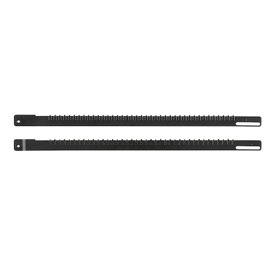 Two black DEWALT replacement blades with teeth, shown side by side on a white background.
