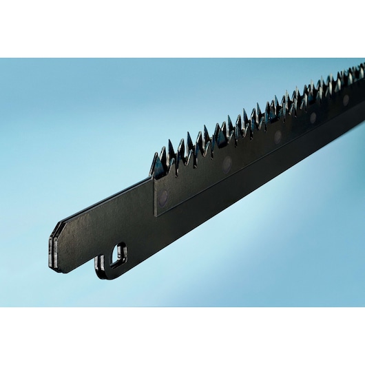 Close-up of a black hedge trimmer blade with sharp teeth against a blue background.