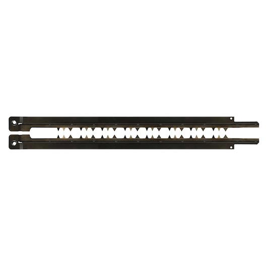 A pair of DEWALT replacement saw blades with jagged teeth, designed for use with power tools, shown against a white background.