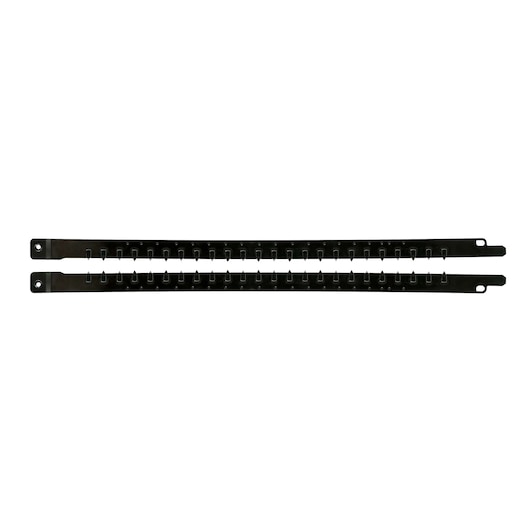 Two black metal strips with multiple notches, likely a replacement part for a tool or machinery.