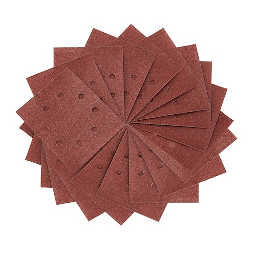 Stack of rectangular DEWALT sandpaper sheets with holes, arranged in a circular pattern, for sanding use.