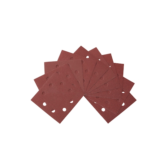 A set of rectangular brown sanding sheets with multiple circular holes, arranged in a fan shape on a white background.