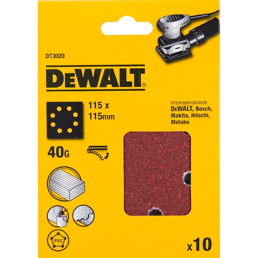 DEWALT DT3020 sanding sheets, 115x115mm, 40 grit, pack of 10, suitable for various brands, yellow packaging.