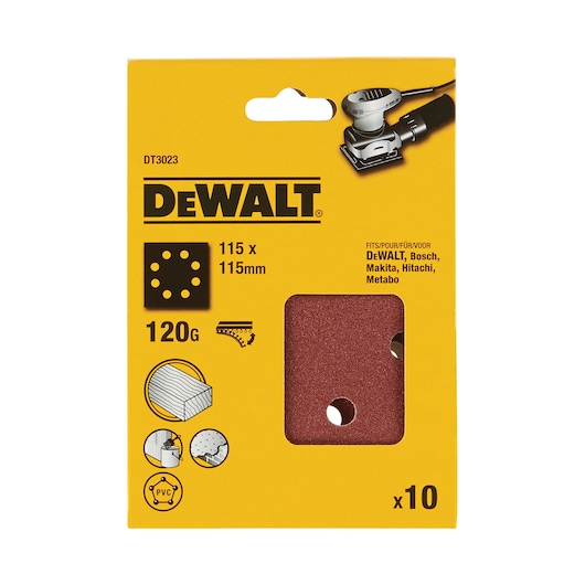 DEWALT DT3023 120G sanding sheets, 115x115mm, 10 pack, compatible with multiple brands.