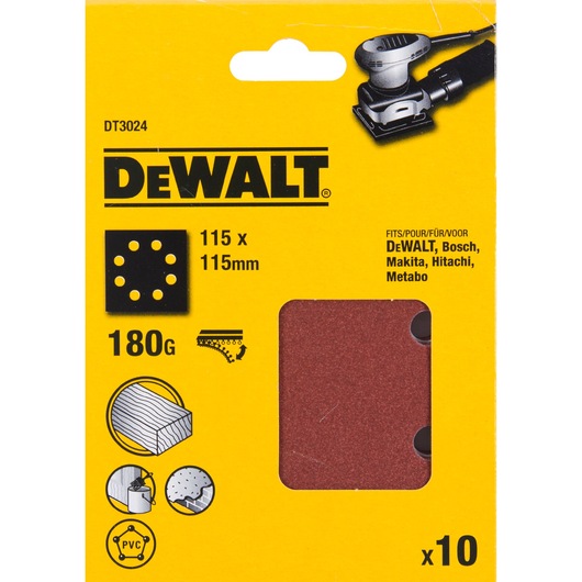 DEWALT abrasive sanding sheets, 115x115mm, 180 grit, pack of 10, suitable for wood and PVC, compatible brands listed.