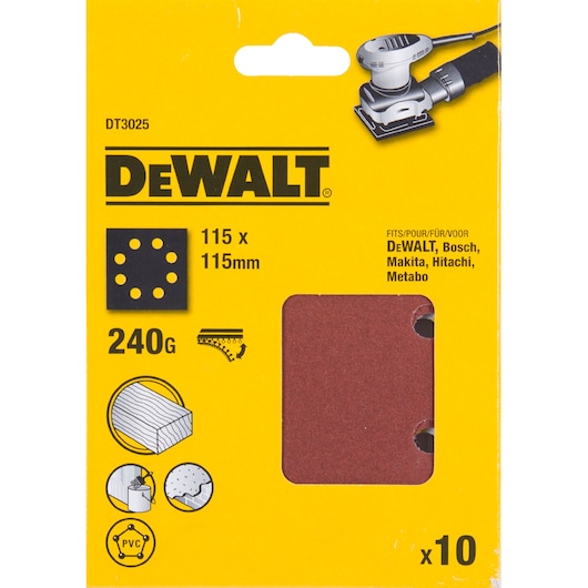 DEWALT DT3025 sanding sheets, 115x115mm, 240 grit, for wood, PVC, pack of 10. Fits various sander brands.