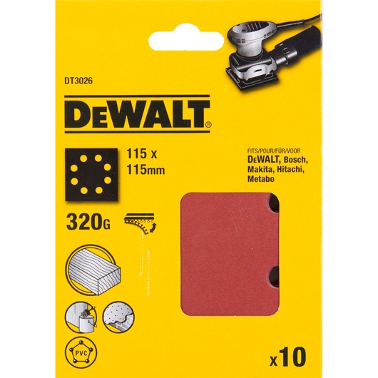 DEWALT DT3026 sanding sheets, 115x115mm, 320 grit, pack of 10, for wood, PVC and compatible with various brands.
