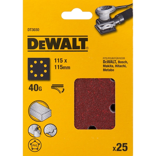 DEWALT DT3030 sanding sheets 115x115mm, 40 grit, pack of 25 for woodworking and compatible with popular brands.