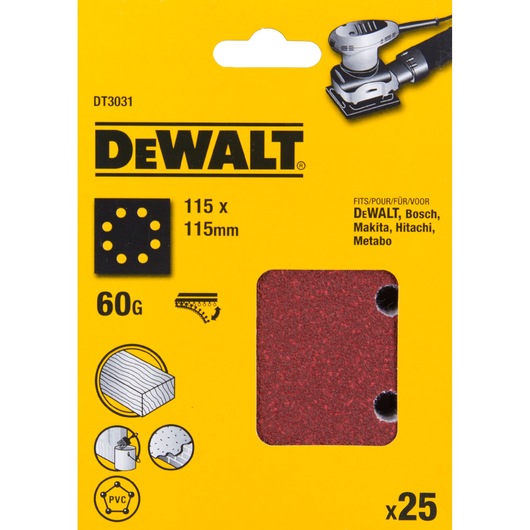 DEWALT DT3031 60G sanding sheets, 115x115mm, pack of 25. Fits multiple brands. Shown in yellow packaging.