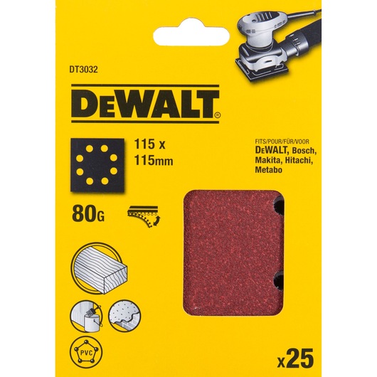 DEWALT 80G sanding sheet pack, 115x115mm, compatible with various brands, contains 25 sheets, packaging shown.