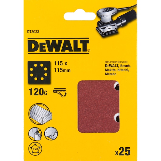DEWALT DT3033 sanding sheets, 115x115mm, 120 grit, pack of 25 for various sanders. Yellow packaging shown.