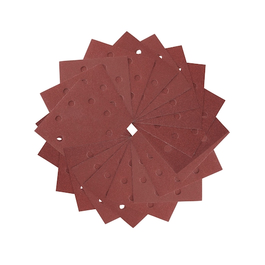 A set of rectangular DEWALT sanding sheets arranged in a circular pattern. Sheets have holes for dust extraction.