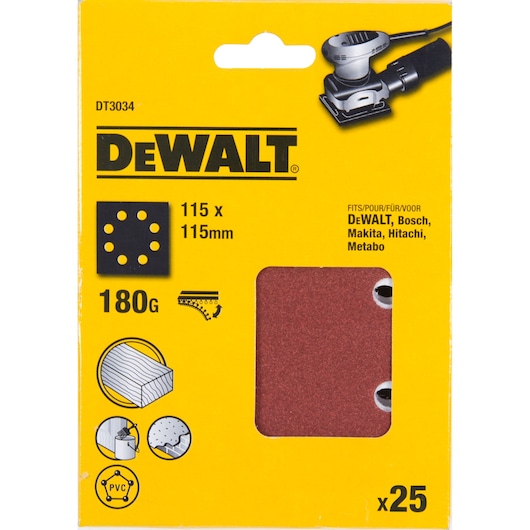 DEWALT DT3034 sanding sheets, 115x115mm, 180 grit, pack of 25. For multiple brands' sanders. Shown in yellow box.