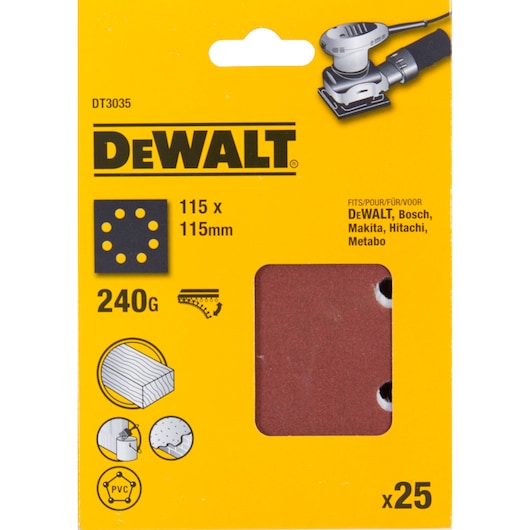 DEWALT DT3035 sanding sheets pack, 115x115mm, 240 grit, compatible with various sander brands, pack of 25.