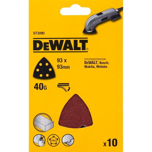 DEWALT DT3090 sanding sheet pack, 93x93mm size, 40 grit, compatible with DEWALT, Bosch, Makita, Metabo, 10 pieces.