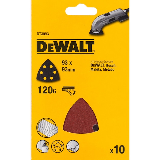 DEWALT DT3093 sanding sheets, 93x93mm size, 120 grit, fits multiple brands, pack of 10 for various materials.
