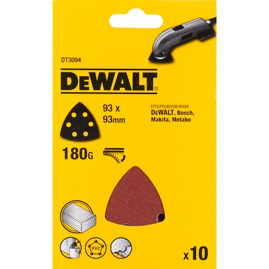 DEWALT sanding sheets, 93x93mm, 180 grit, pack of 10; suitable for DEWALT, Bosch, Makita, Metabo tools.