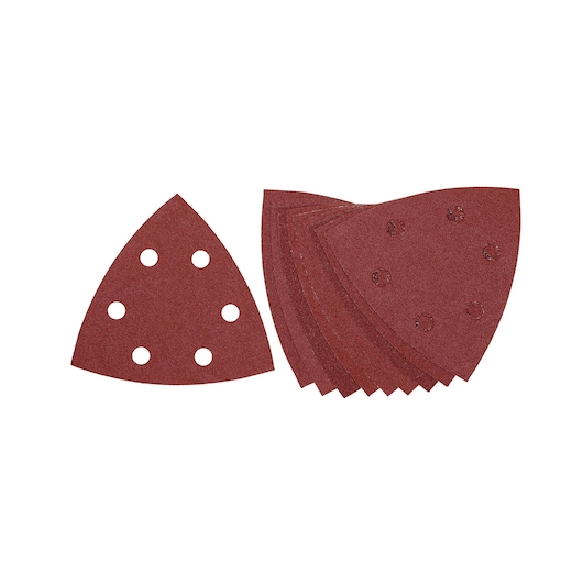 Set of triangular DEWALT sanding sheets with six holes for multi-tool or sander use, displayed in a stack.