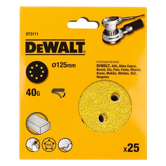 DEWALT DT3111 125mm sanding discs, 40 grit, pack of 25 for wood and PVC, compatible with multiple brands.