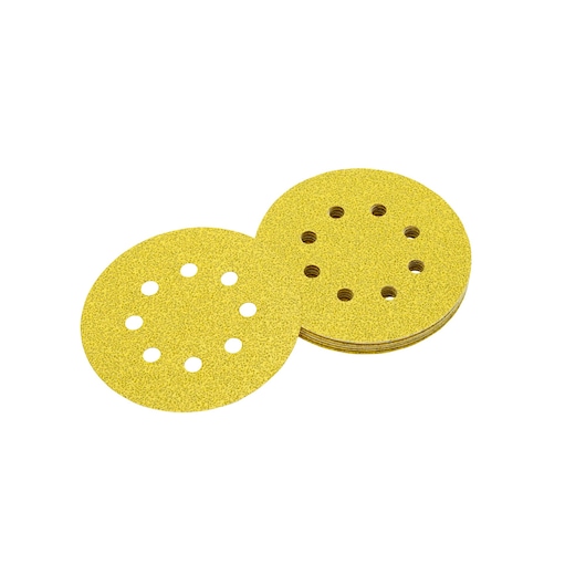 Stack of round yellow sanding discs with ventilation holes for power tools.