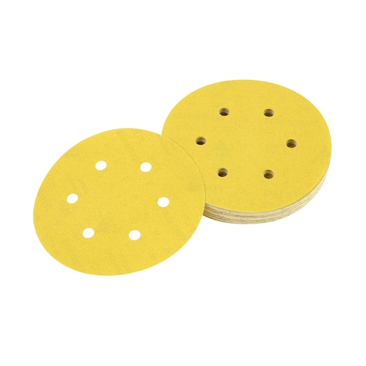 Stack of yellow round sanding discs with holes, suitable for orbital sanders.