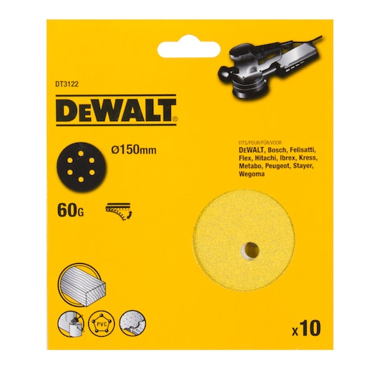 DEWALT DT3122 150mm sanding discs pack, 60 grit, suitable for wood, PVC, and compatible with several brands.