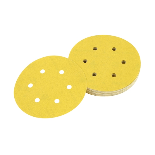 Stack of yellow round sanding discs with ventilation holes, suitable for orbital sanders.