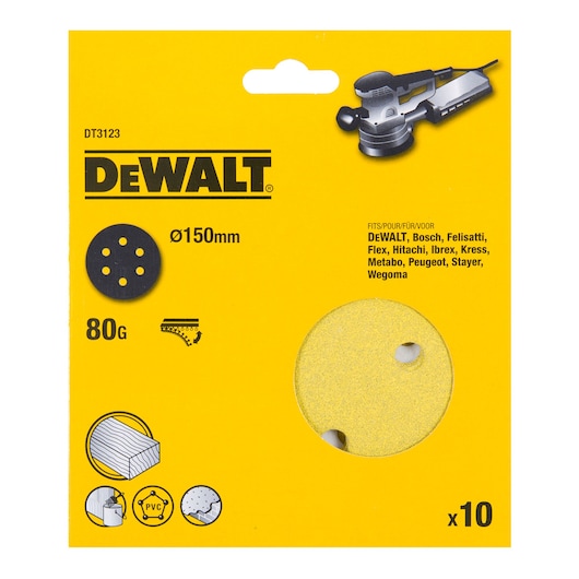DEWALT DT3123 sanding discs, 150mm diameter, 80 grit, 10-pack for multiple brands, in yellow packaging.