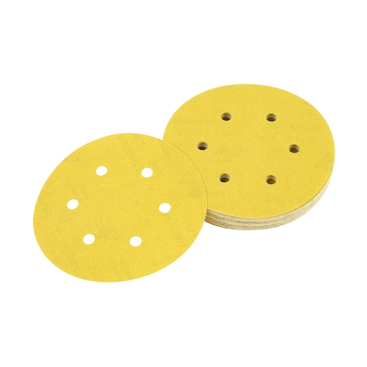 Stack of yellow circular sanding discs with ventilation holes, displayed on a white background.