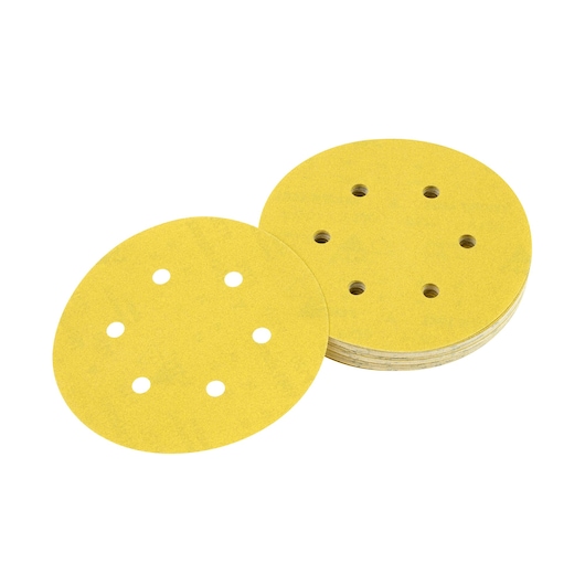 Stack of round yellow sanding discs with holes, used for orbital sanders.