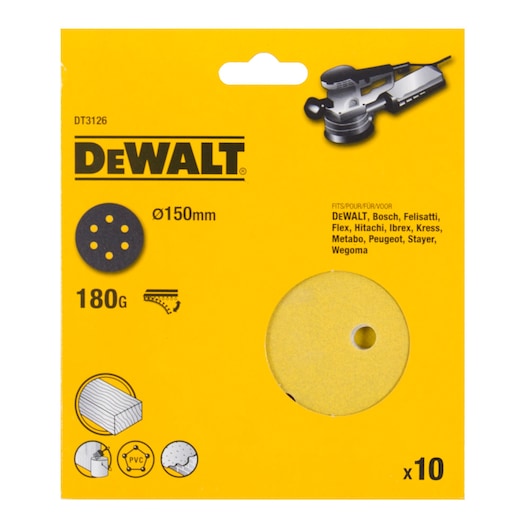 DEWALT DT3126 sanding discs, 150mm diameter, 180 grit, pack of 10 for various brands. Yellow packaging.