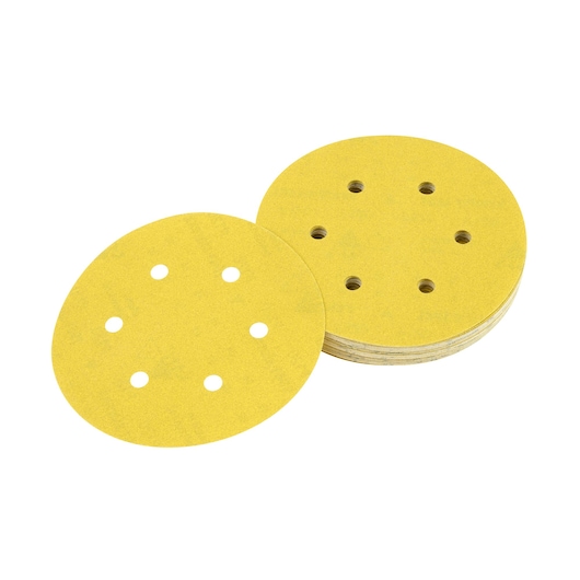 Stack of yellow round sanding discs with six holes each, placed on a white background.