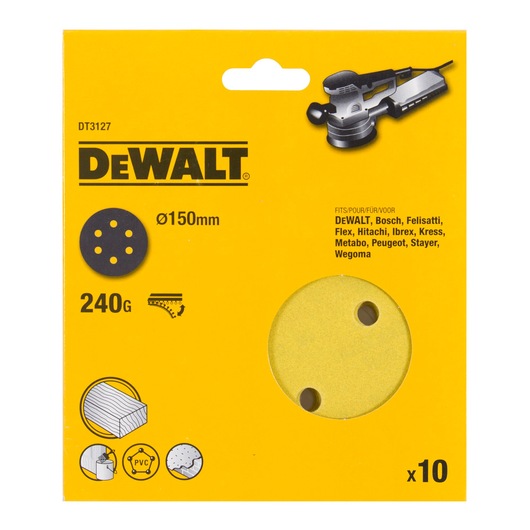 DEWALT DT3127 150mm sanding discs, 240 grit, 10-pack. Fits multiple brands. Shown in yellow packaging.