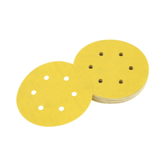 Stack of yellow circular DEWALT sanding discs with ventilation holes, shown on a white background.