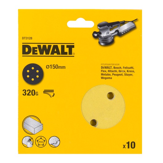 DEWALT DT3128 sanding discs, 320 grit, 150mm diameter, pack of 10, shown in yellow packaging for woodworking.