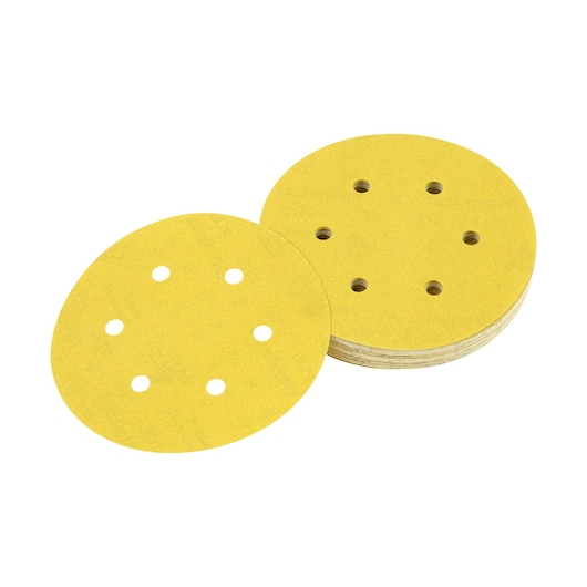 Stack of yellow round sanding discs with ventilation holes, suitable for power sanders.