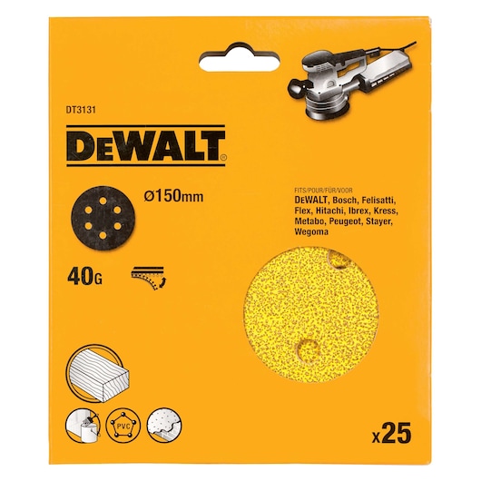DEWALT DT3131 150mm 40G sanding discs pack, suitable for wood and PVC, contains 25 discs for orbital sanders.